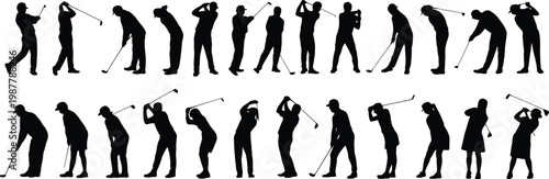 Silhouette golf players in various swing poses golfer