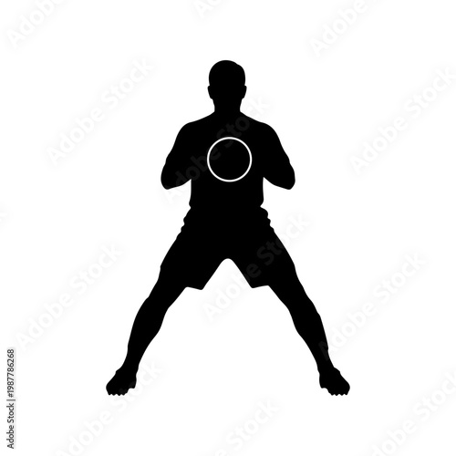 Solid black silhouette of a defender blocking the ball in a wide stance action pose Vector illustration