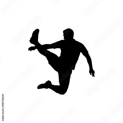 Solid black silhouette of a footballer jumping mid air to kick the ball in action pose Vector illustration