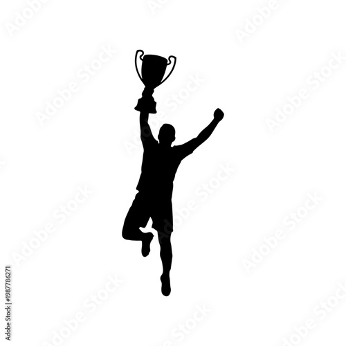 Solid black silhouette of a footballer lifting a trophy in a proud victory celebration pose Vector illustration