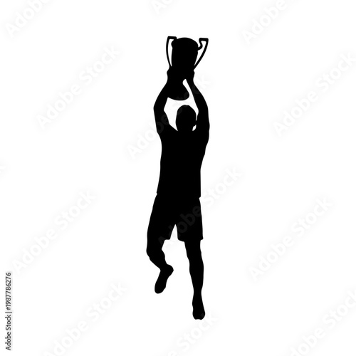 Solid black silhouette of a footballer raising trophy in triumph and celebration moment Vector illustration