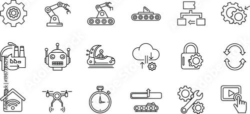 Automation and industry icon set featuring robotics conveyor process control cloud system and smart manufacturing symbols in outline style