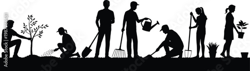 Silhouettes of people gardening planting watering and digging