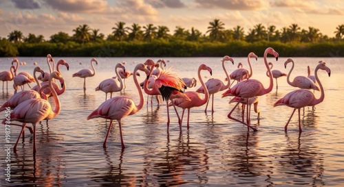 Beautiful Flock of Pink Flamingos Standing in Shallow Water at Sunset.