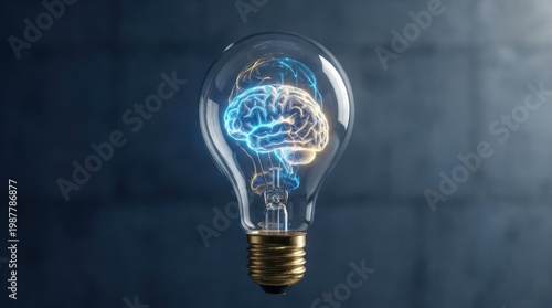 Conceptual Surrealism Human Brain Inside Glowing Light Bulb as Symbol of Idea and Creativity