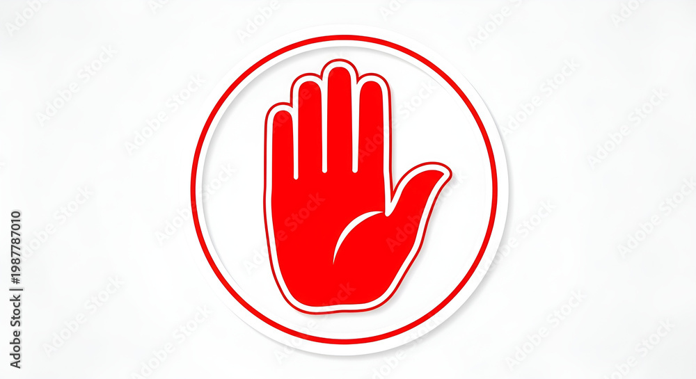 Obraz premium Bold red open hand gesture in a circular frame, universally symbolizing a clear stop, warning, or prohibition, promoting immediate awareness and caution