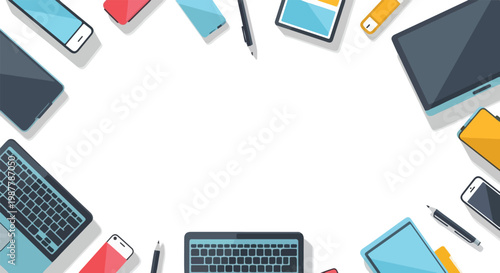 Various electronic gadgets like smartphones, laptops, and tablets are arranged around a white central space in this flat vector illustration.