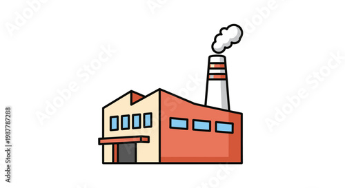 Cartoon factory building with chimney emitting smoke isolated on white background