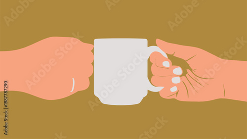 Simple illustration showing two human hands holding a blank white coffee mug