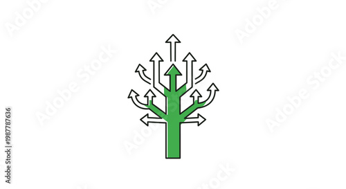 Abstract tree illustration with arrows indicating growth and expansion on white