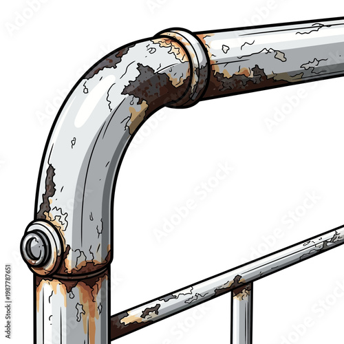 Close-up of rusty metal railing with peeling paint, weathered texture