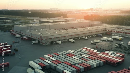 Drone Aerial View of Large Modern Logistics Hub with Semi Trucks and Cargo Containers at Sunset | Distribution Center and Supply Chain Concept