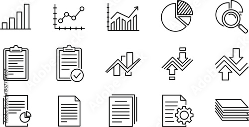 Business analytics and document management icon set featuring charts reports checklist and workflow symbols in minimal outline style