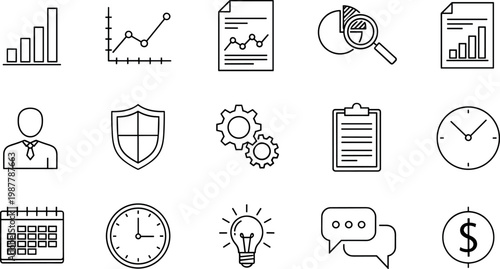Business analytics and management icon set featuring charts reports security settings calendar and finance symbols in minimal outline style