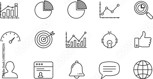 Business analytics and user interface outline icon set with charts, targets, communication, and profile symbols for digital applications