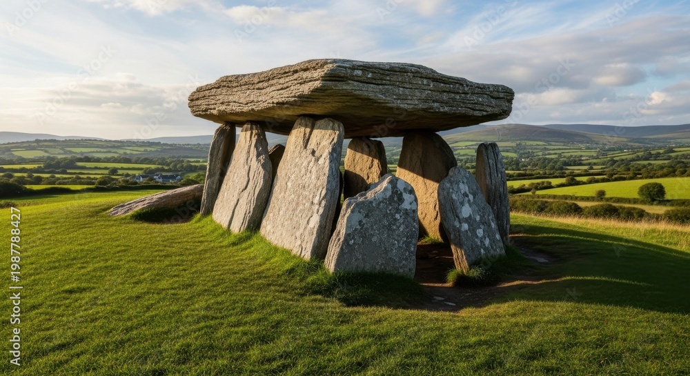 Naklejka premium Ancient Stone Structure in a Lush Green Landscape.