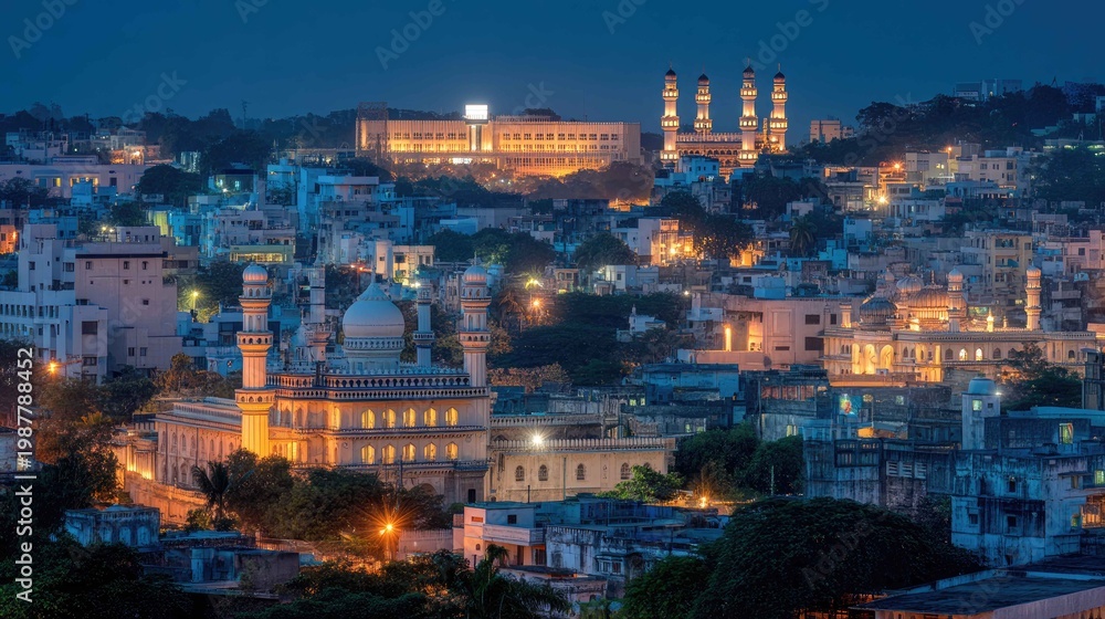Obraz premium Scenic Night View of City Skyline with Illuminated Mosque and Minarets