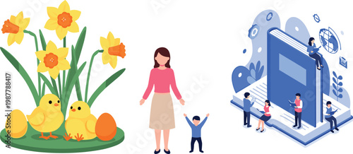 Vector Illustrations of Spring Flowers, Family, and Educational Themes Featuring Daffodils, Parents with Children, and Learning Concepts