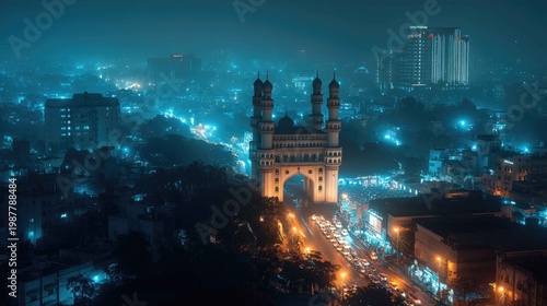 Nighttime Cityscape with Monument and Bright Urban Lights in Hyderabad