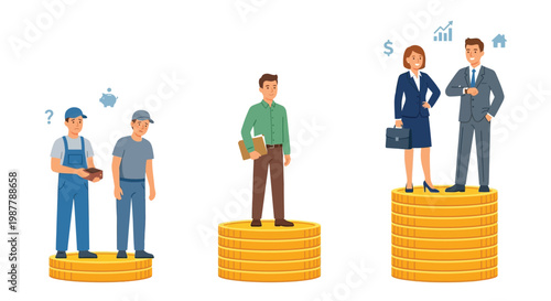 Diverse professionals standing on golden platforms representing varying levels of success