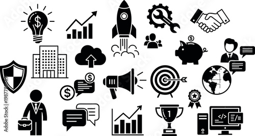 Business and startup solid icon set with growth, finance, marketing, teamwork, and technology symbols for corporate and digital use