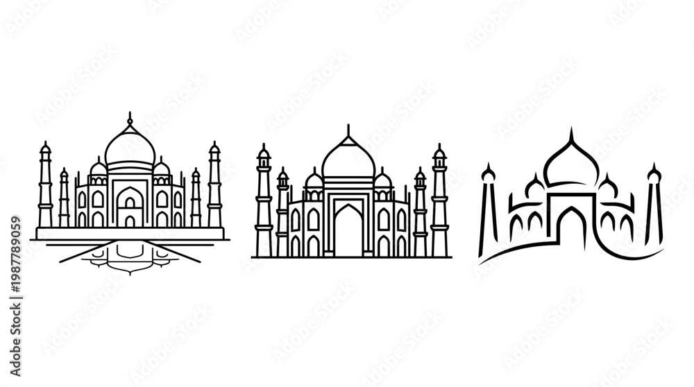 Naklejka premium Taj Mahal Line Art Set in Black and White