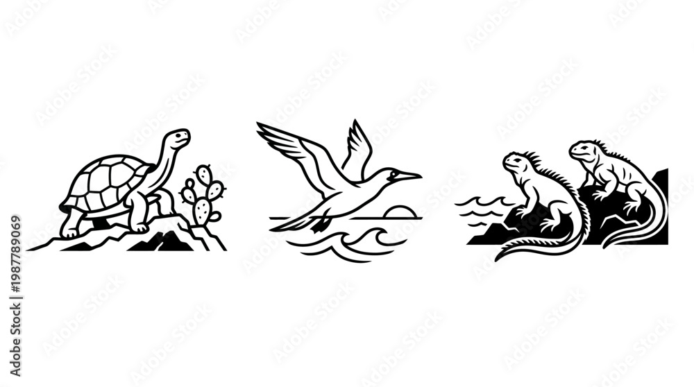 Fototapeta premium Galapagos Islands Wildlife Collection of Line Art Icons