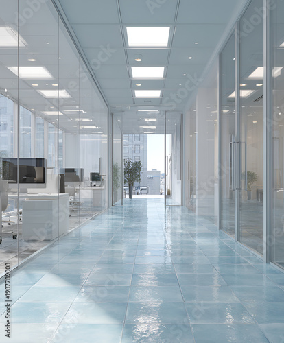 Modern office hallway with glass walls and cubicles on the left. The hallway leads to an exterior view