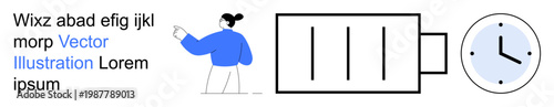 Time management, productivity, energy conservation, work-life balance, scheduling, efficiency. Woman pointing towards a battery icon and clock. Time management and productivity concept