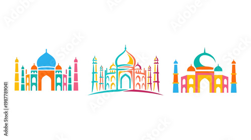 Colorful Taj Mahal Icons on White Background
