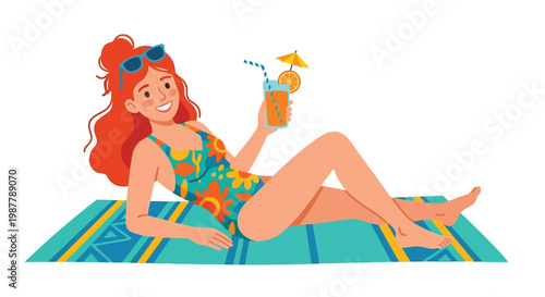 A cheerful woman relaxes poolside with a refreshing summer cocktail