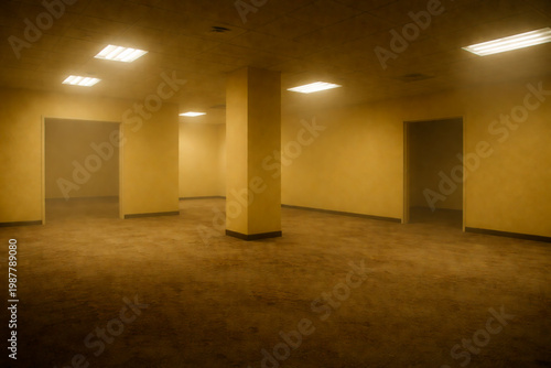 Empty liminal space backrooms with yellow walls and fluorescent lights