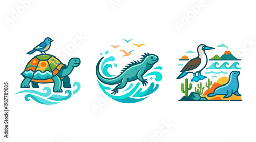 Galapagos Islands Wildlife Icons in Colorful Circles