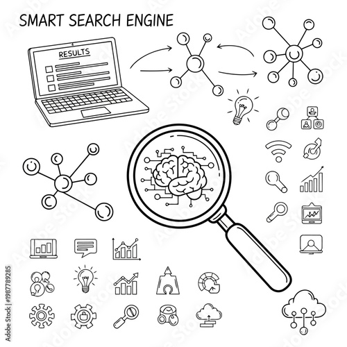 Smart search engine concept for AI powered information retrieval and data processing with a brain and network elements symbolizing intelligence and connectivity.