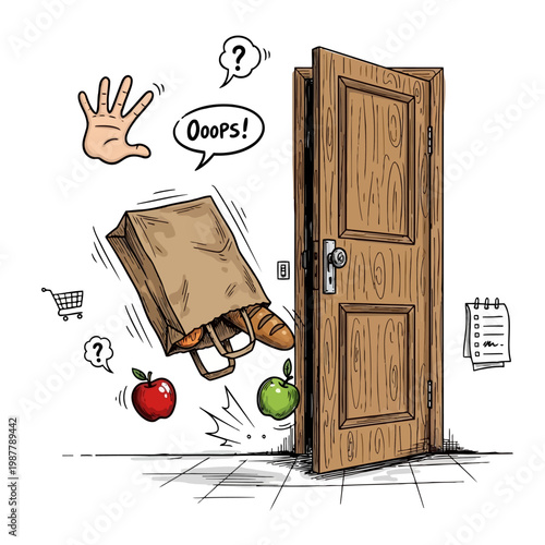 Paper grocery bag falling and spilling contents near an open door. shopping mishap with fruits and bread.
