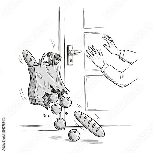 Person attempting to catch a falling grocery bag with apples and bread spilling out, indicating a shopping mishap.