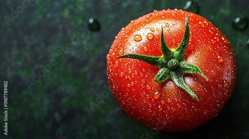 Bright overhead view of fresh red tomato with green stem and sepals covered in water droplets, dark olive green textured background, strong red-green contrast, sharp focus