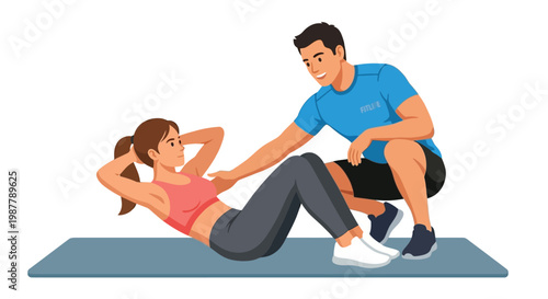 A woman performs sit ups with a trainer spotting her during a workout