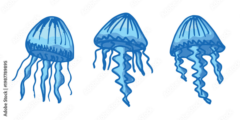 Obraz premium Set of hand drawn jellyfish doodle Sea animal illustration Cute marine underwater creature Medusa sketch clipart Single element for web, design, decor, children's print