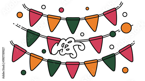 Three rows of colorful triangular party flags and scattered round confetti