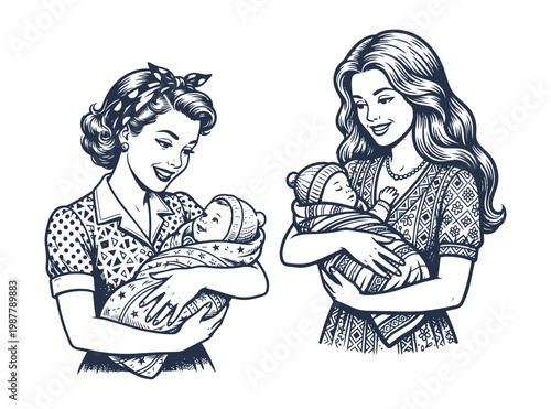 Mother with baby vintage vector illustration