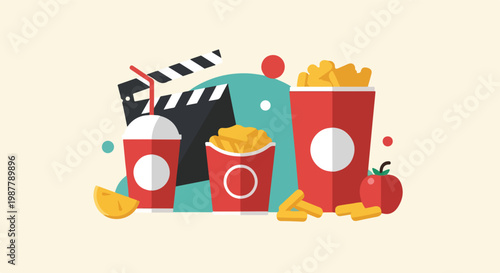 A colorful flat vector illustration showcasing movie snacks like popcorn and a soft drink alongside a film clapperboard on a simple background.