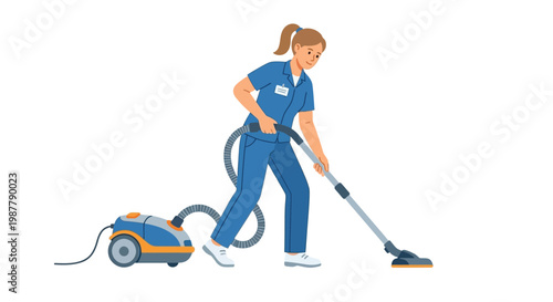 A young woman in uniform diligently vacuuming a floor