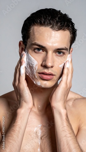 Man washing face with soap.