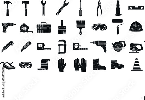 Construction tools and equipment icon set featuring hammer drill wrench safety gear and industrial instruments in solid style