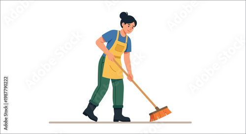 A young woman cheerfully sweeps the floor with a straw broom