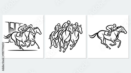 Set of Horse Racing Line Art Drawings