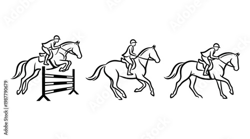 Equestrian Sports Jumping Horse Riding and Racing Silhouettes