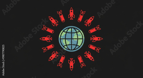 Global conflict and the threat of nuclear war visualized with rockets surrounding the Earth, symbolizing international tension and the potential for destruction