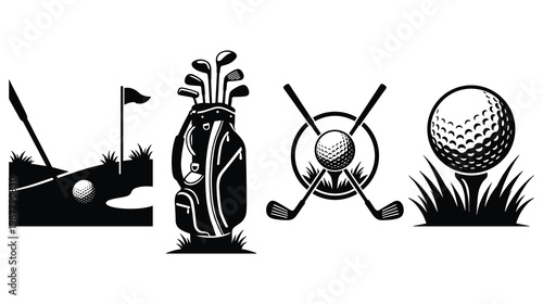 Set of golf sports icons with clubs ball and bag in black and white vector style.
